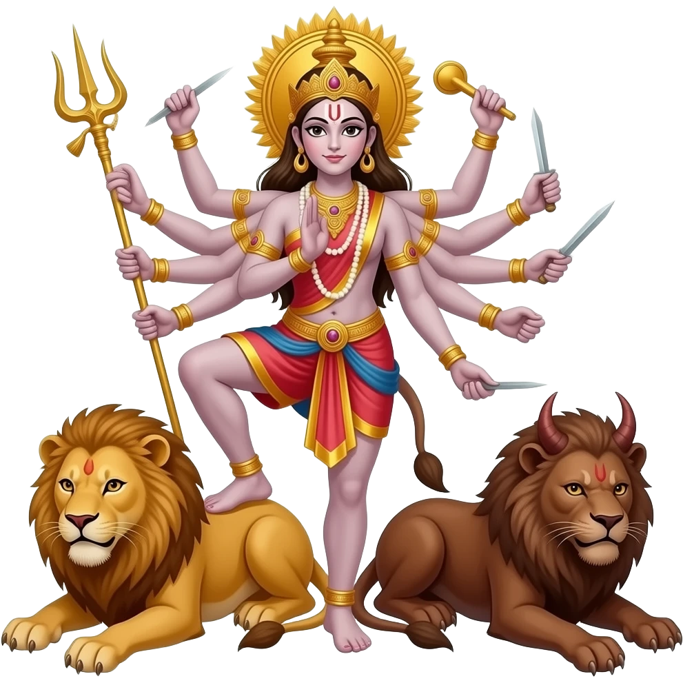 Create an emoji of a goddess with ten hands standing with one leg on a lion's back and another leg on a brownish demon and the goddess is stabbing him in his chest with a trident with her two front arms emoji