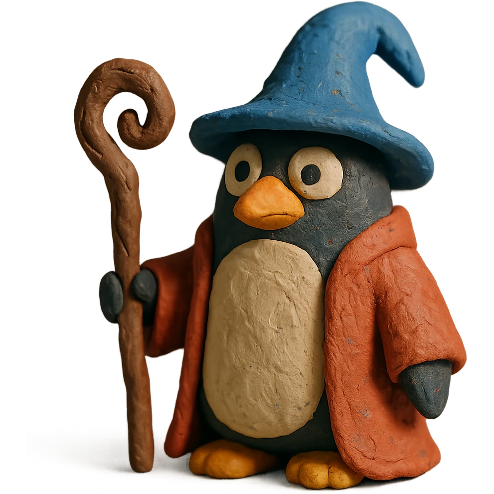 penguin wizard with a staff and textured robe emoji