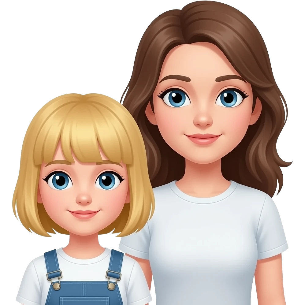 ein mädchen mit braunen haaren steht neben einem mädchen das kurze blonde haare hat das mädchen mit den blonden haaren hat keine stirnfransen und ist kleiner als das andere. emoji