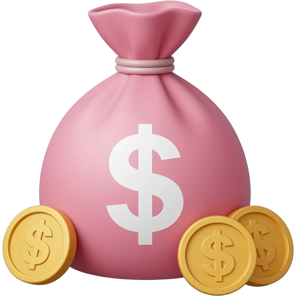 elegant pink money bag with no sign and 3 coins on top of each other beside the bag emoji