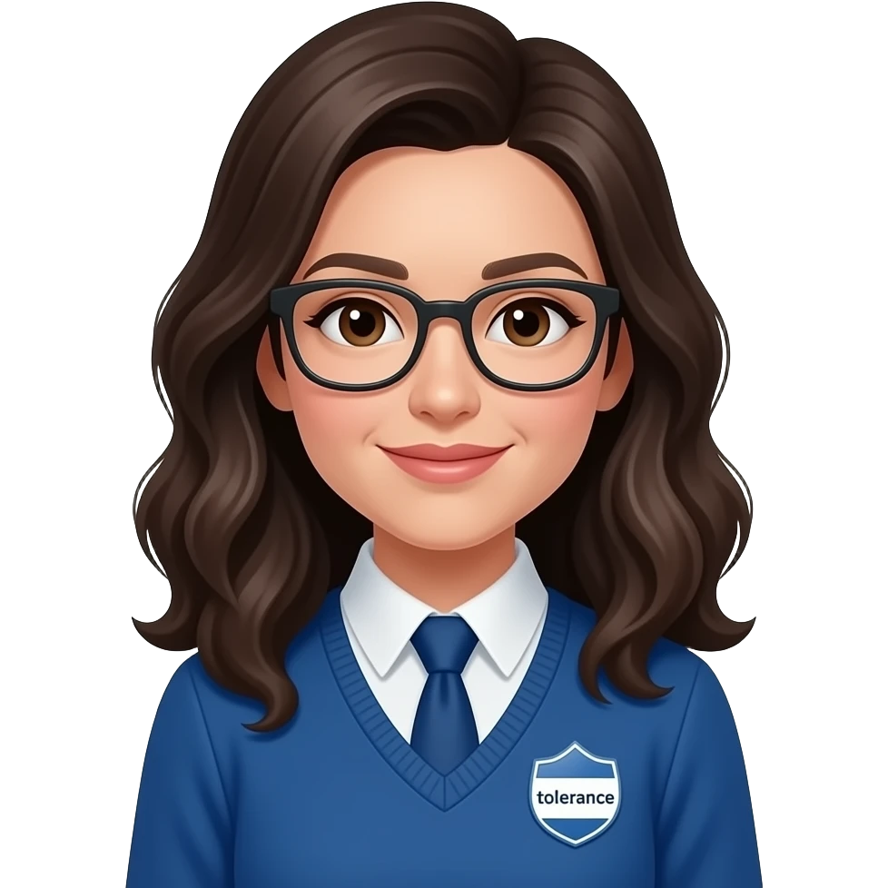 make someone who u think is abeer, blue tie, has a badge that says tolerance, wavy hair blackish brown  and make her wear a blue pull over, brown eyes, and glasses emoji