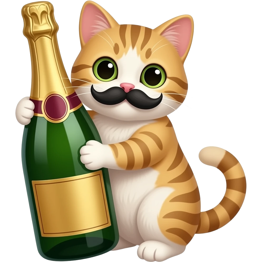a cat with a mustache hugging a bottle of champagne emoji