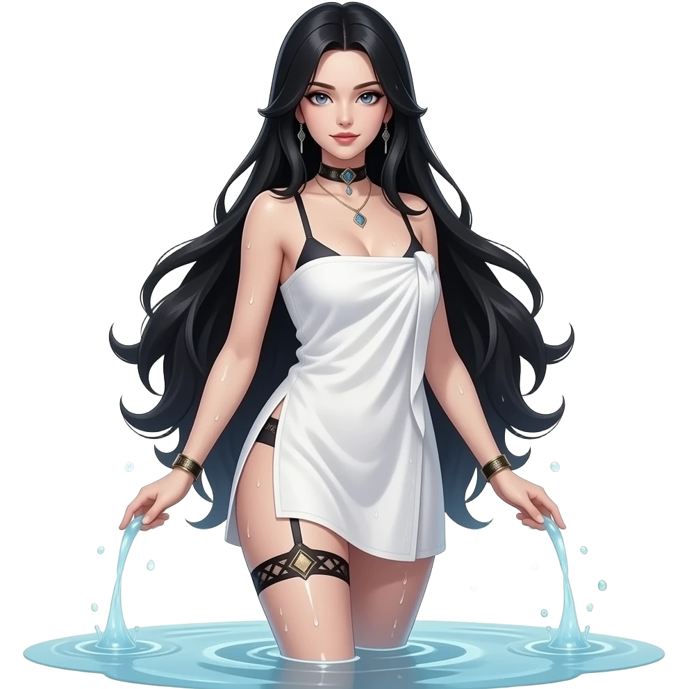 Sexy gothic black haired woman in towel and wet. Full body. Fantasy and seductive emoji