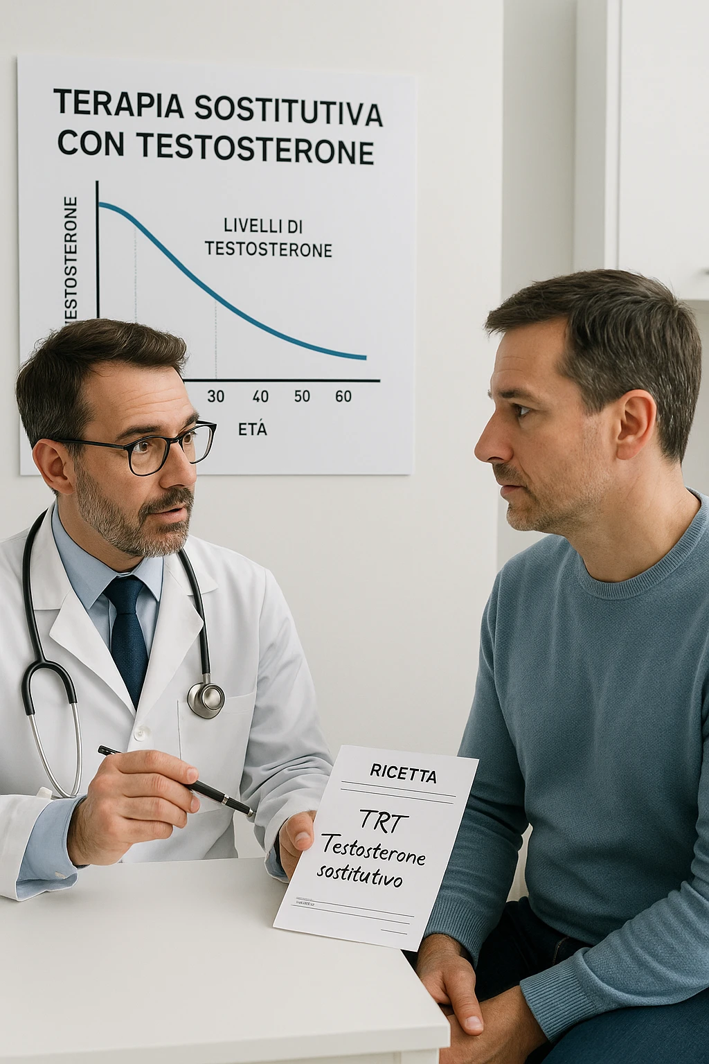 a man in his 40s sits in a doctor’s office, listening attentively as a physician explains TRT (Testosterone Replacement Therapy). The doctor holds a prescription pad and points to an educational chart showing testosterone levels. The mood is professional and informative, with a clean, clinical background. scritte in italiano emoji