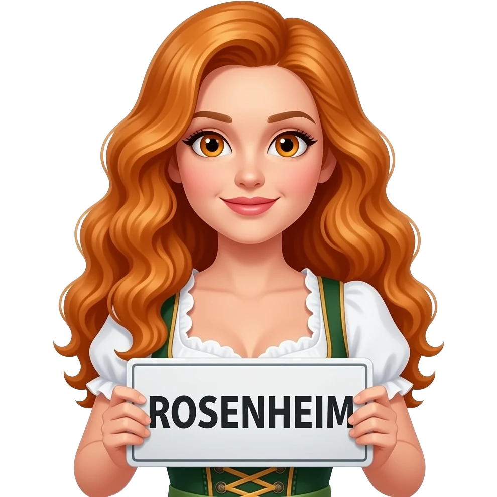 sexy girl with long curvy ginger hair and ginger eyes wearing a dirndl is holding a ROSENHEIM sign, emoji