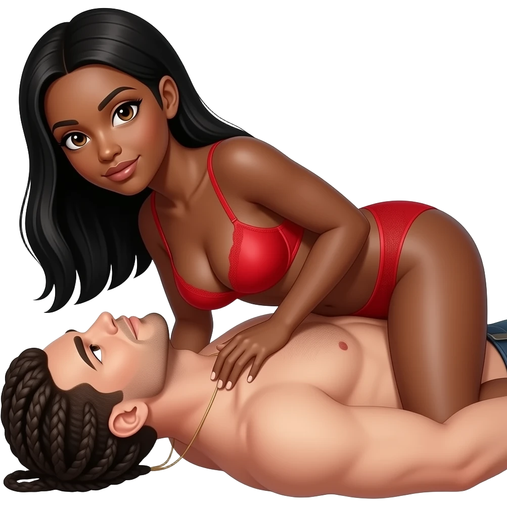 Lightskin black woman with brown eyes & long black straight hair wearing only a sexy red bra bent over getting fucked by a white man with braids that come down to neck emoji