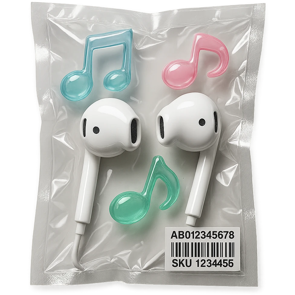 pair of white EarPods with three floating glass music notes in pastel blue, pink, and mint, glossy and inflated emoji