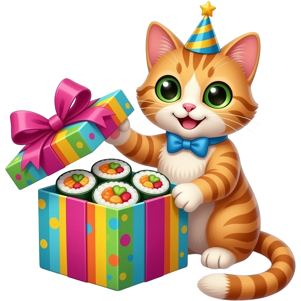 a happy cat opening a birthday present filled with sushi emoji