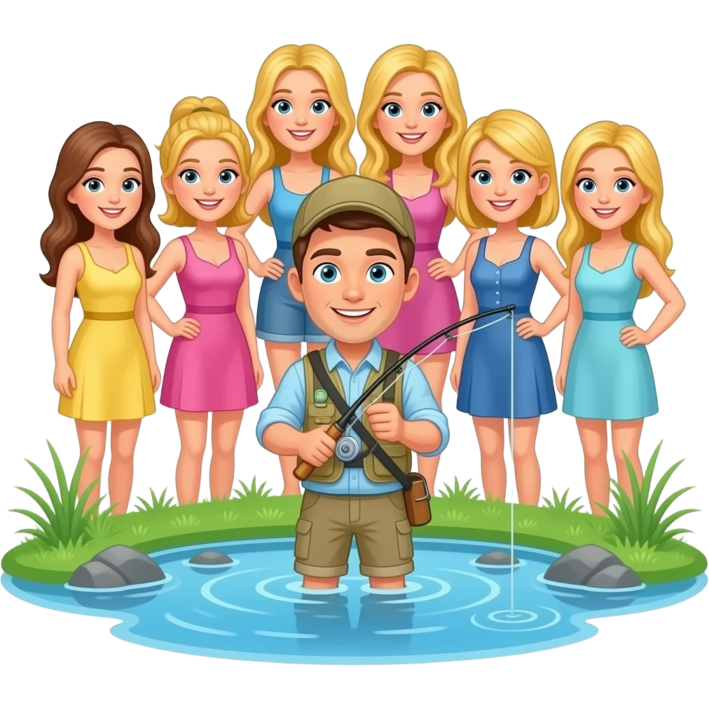 a guy fly fishing with 8 blonde women behind him emoji