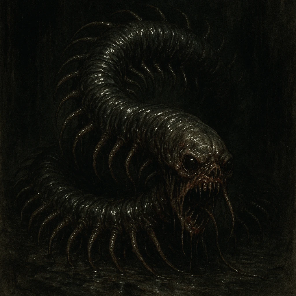 a disturbing millipede, grotesque, wet and shiny, horror illustration emoji