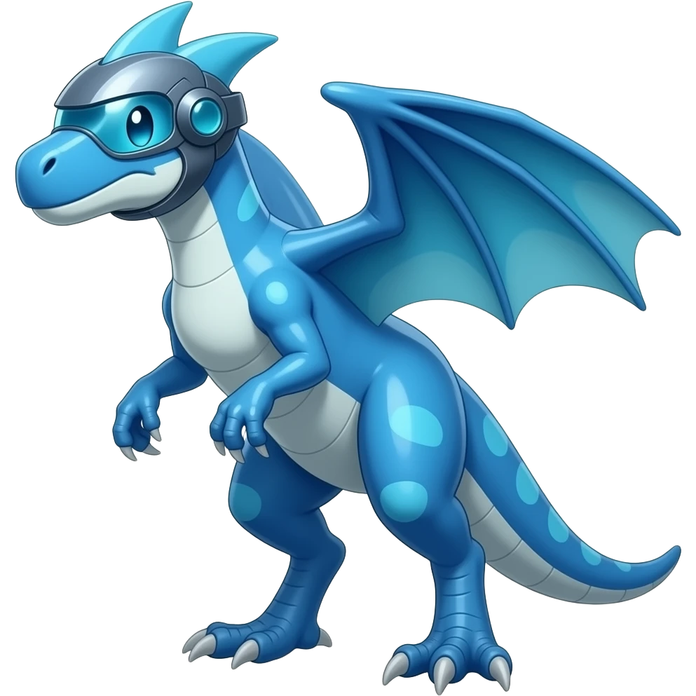 a shiny blue Genesect-Flygon-Raptor-Fakémon—hybrid with a futuristic visor-helmet full body emoji