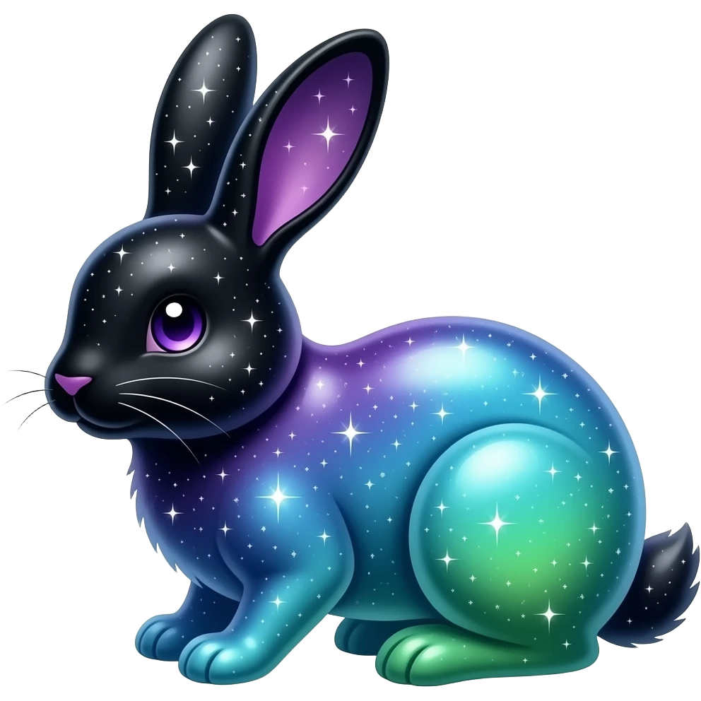 Celestial bunny, black-purple-blue-cyan-green-gradient shimmering shiny galactical starry sparkling, full body emoji