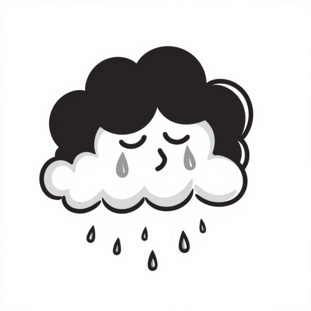 hand drawn doodle of a cloud with emo hair and sad expression emoji