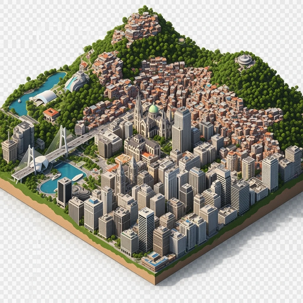 Isometric miniature of São Paulo Catedral da Sé, MASP, Octávio Frias Bridge, and Altino Arantes building, favelas on hillsides, dense chaotic urban blocks, and green parks 3D miniature effect and Tilt Shift effect, no cartoonish look, transparent background. emoji