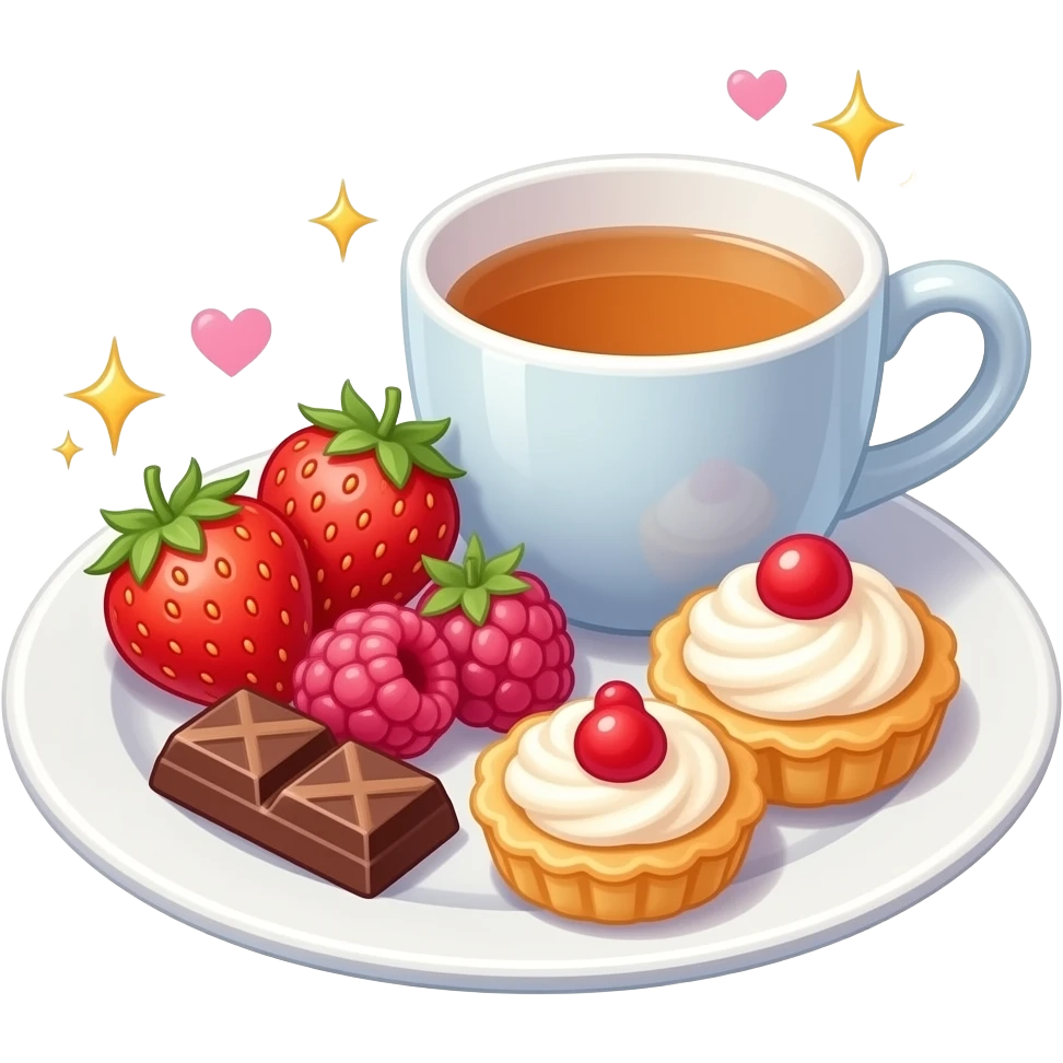Aesthetic emoji-style illustration of a cozy snack plate for a reader, filled with strawberries, raspberries, chocolate, small pastries, and a cup of tea, soft pastel colors, sparkles, hearts, bookish vibe, minimal background, kawaii emoji style, no characters emoji