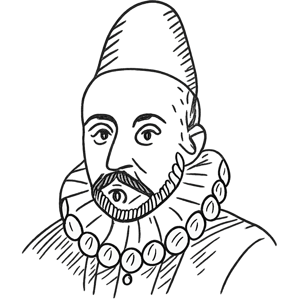 a hand drawn black outline portrait of philosopher Montaigne with similar-sized eyes based a famous portrait of him emoji