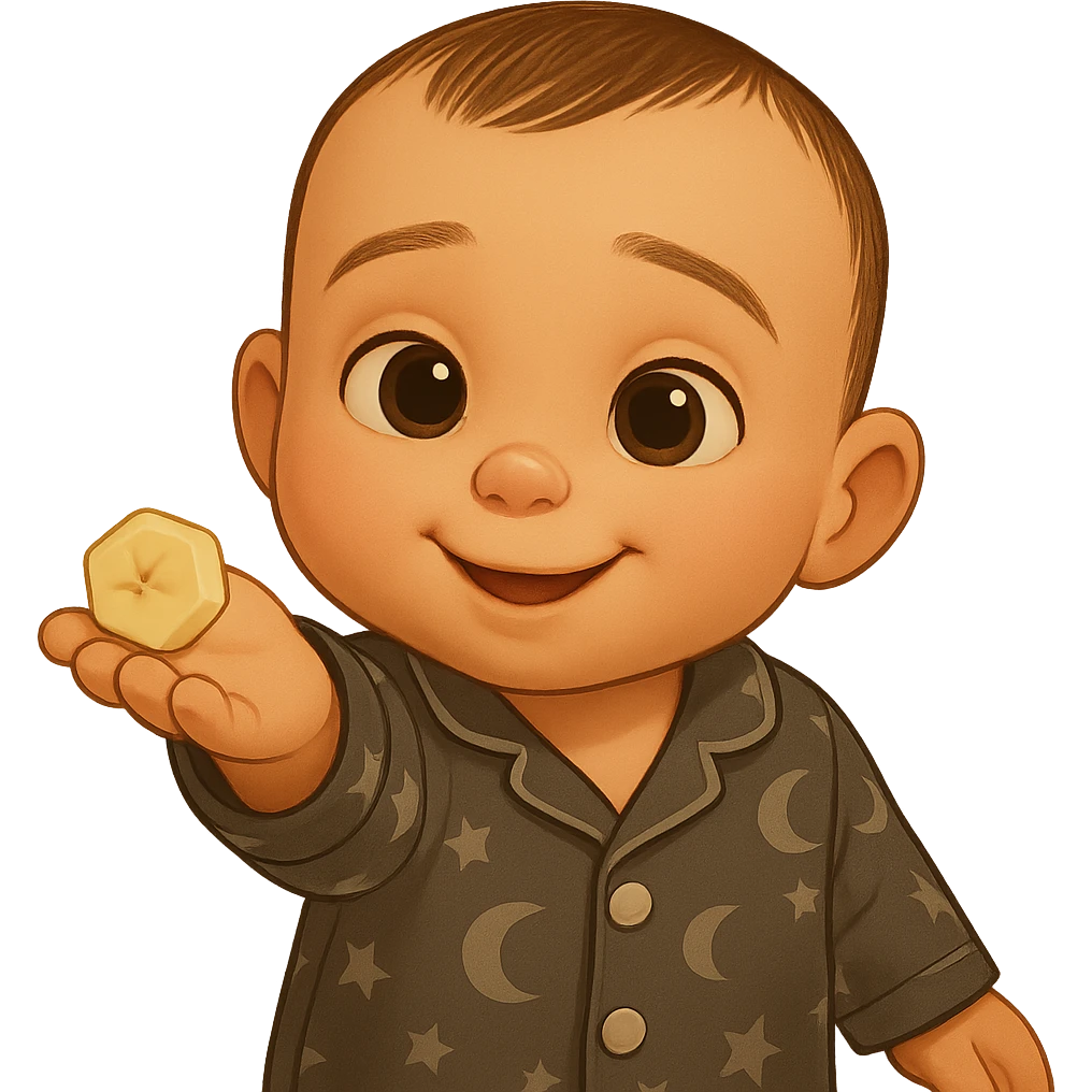 Transform the child from the reference image into a gentle 3D cartoon sticker style reminiscent of DreamWorks and Pixar, with soft 3D illustration qualities. Preserve the child's unique appearance, pose, facial expression, and the piece of banana in hand. Use softer, more natural colors matching the reference image, avoiding overly saturated tones. Remove the background, keep all details, and maintain the emotion of sharing in the image. emoji