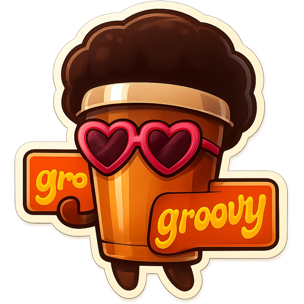 Tall coffee cup, no mouth, afro, heart glasses, holding sign "groovy" emoji