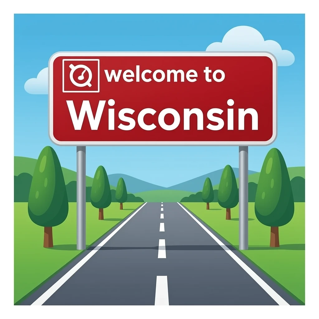 perfect don’t change the road but make the red sign a rectangular sign that says “welcome to Wisconsin” with any drawings emoji