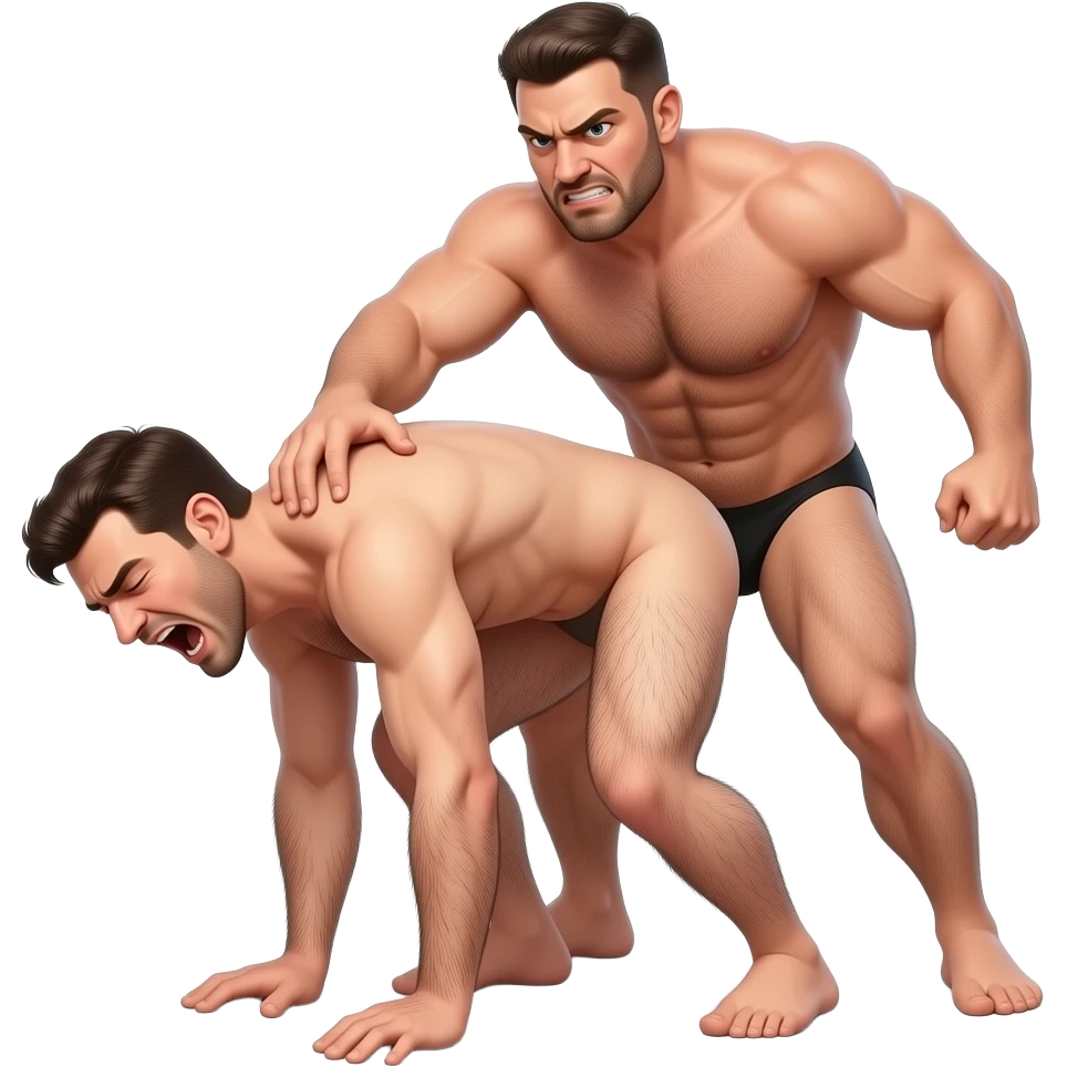 Naked hairy moaning man bending over, a stronger naked hairy angry man standing behind him hitting him emoji