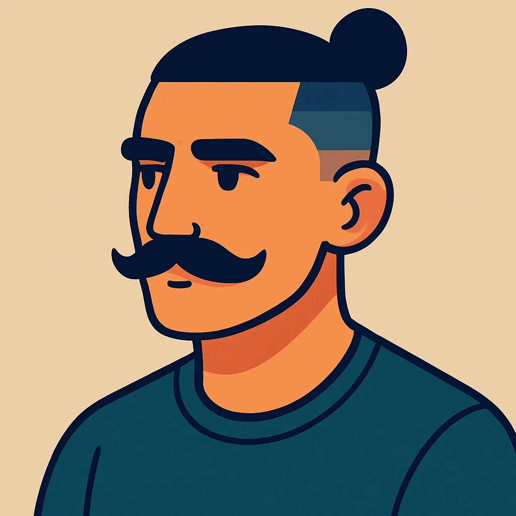 A vibrant cartoon style illustration of a guy with a moustache and a man bun, low taper fade haircut, neutral background. emoji