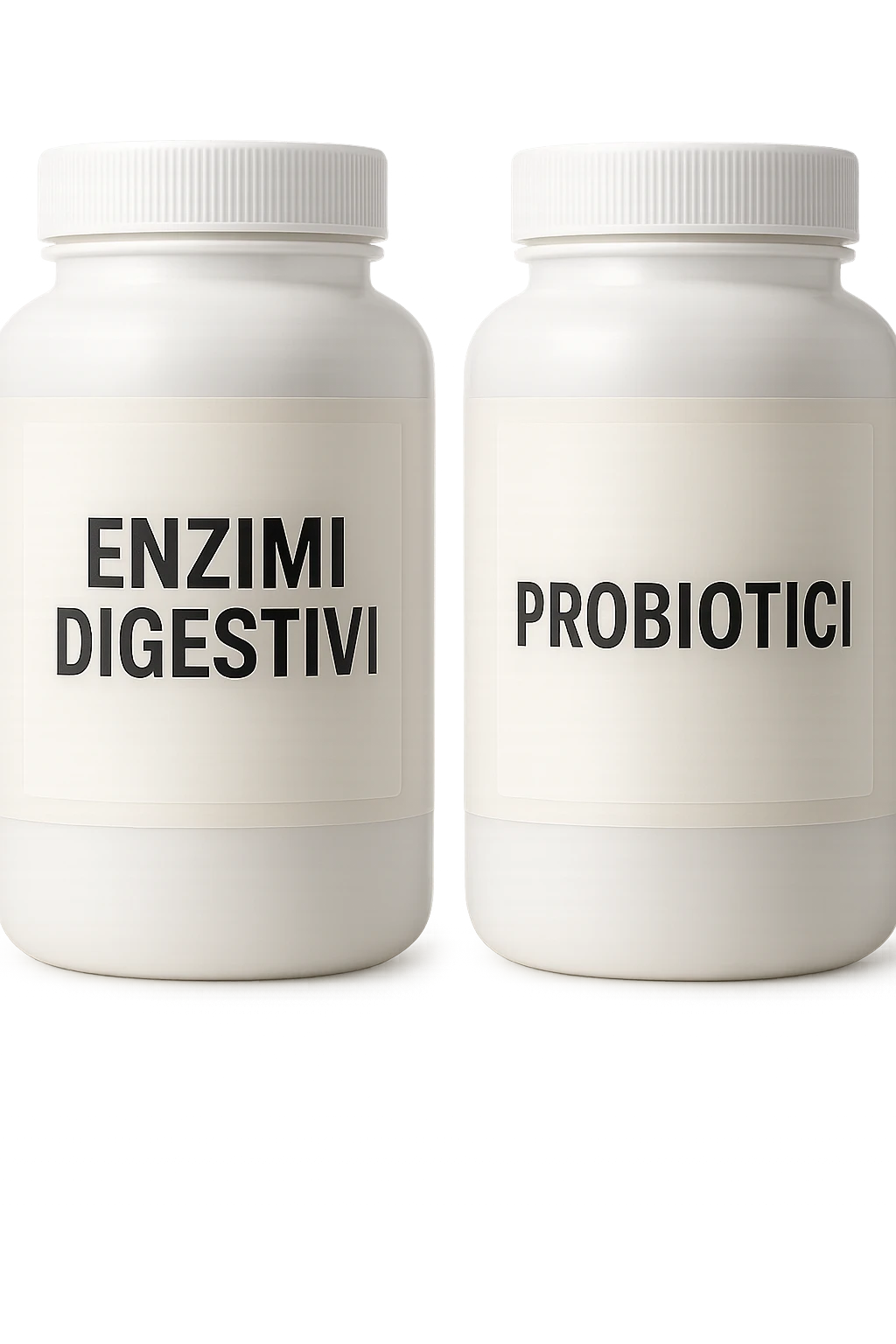 DUE BARATTOLI di integratore con la scritta "ENZIMI DIGESTIVI" E "PROBIOTICI", iperrealistico 4k emoji