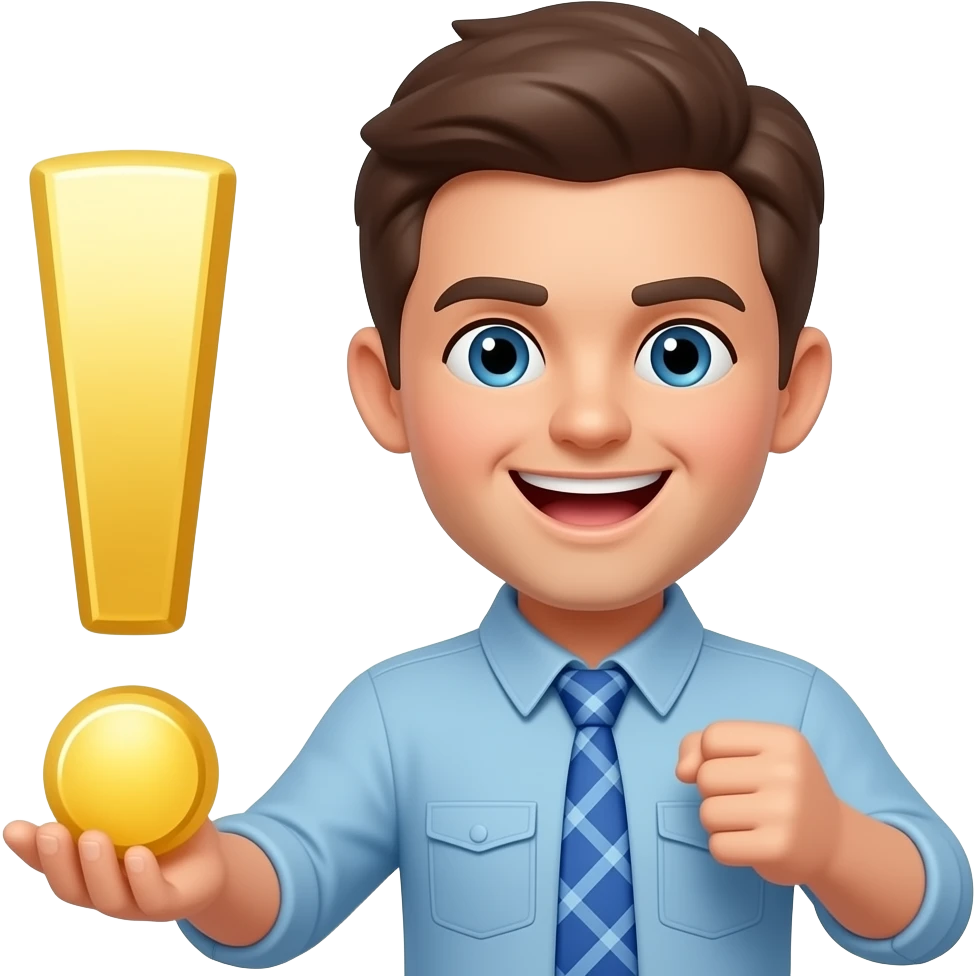 Eureka!: pixar-style 3D emoji style, glossy surface, soft shadows, white background, centered, no text, glowing super exclamative,  gold, emoji