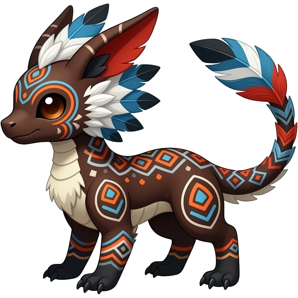 Tribal-patterned aboriginal majestic feathery elegant realistic stylish Furry, fluffy feathery tropical painted scaly, dark-brown, sanguine-red, blue, white, black, Minccino-Bambino-Linoone-Zangoose-fusion-hybrid-animal-Fakémon-creature, full body, thin long sleek tufted tail, intricate markings emoji
