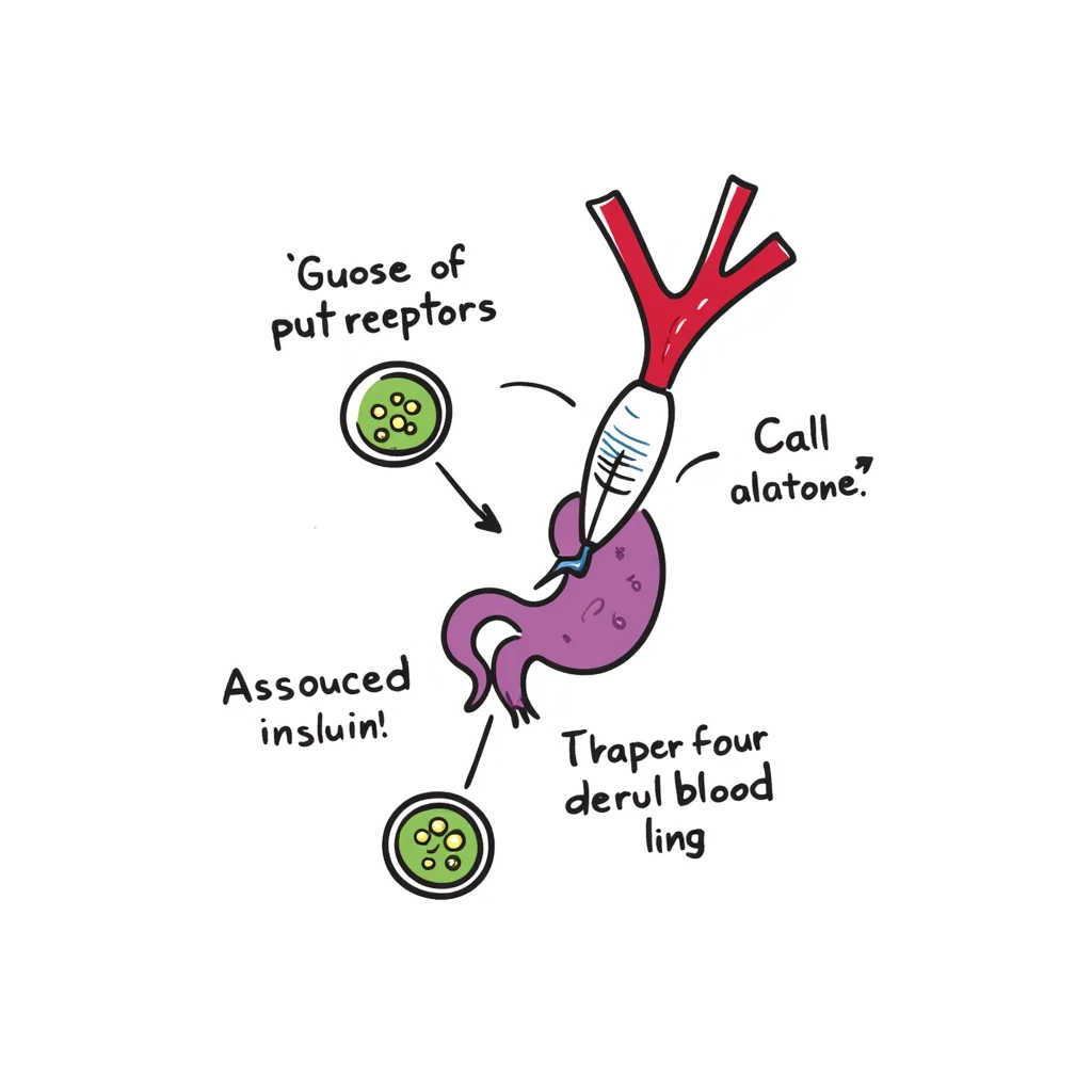 Anatomical diagram of anti-diabetic mechanism: purple pancreas releasing blue insulin molecules, red blood vessels with yellow glucose particles, green cell receptors accepting insulin. Hand-drawn illustration showing glucose regulation with arrows indicating reduced blood sugar levels. emoji