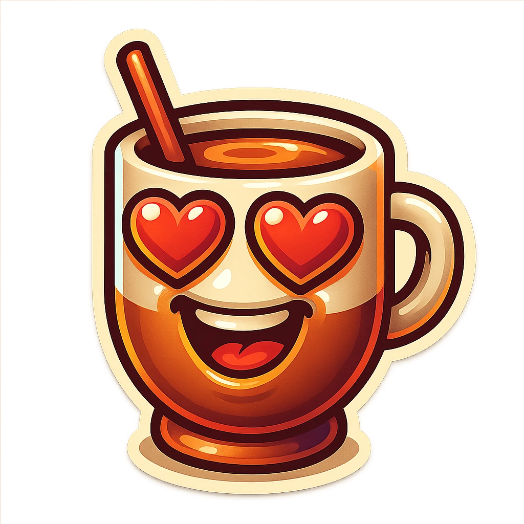 coffee cup creature, big heart eyes, big smile emoji