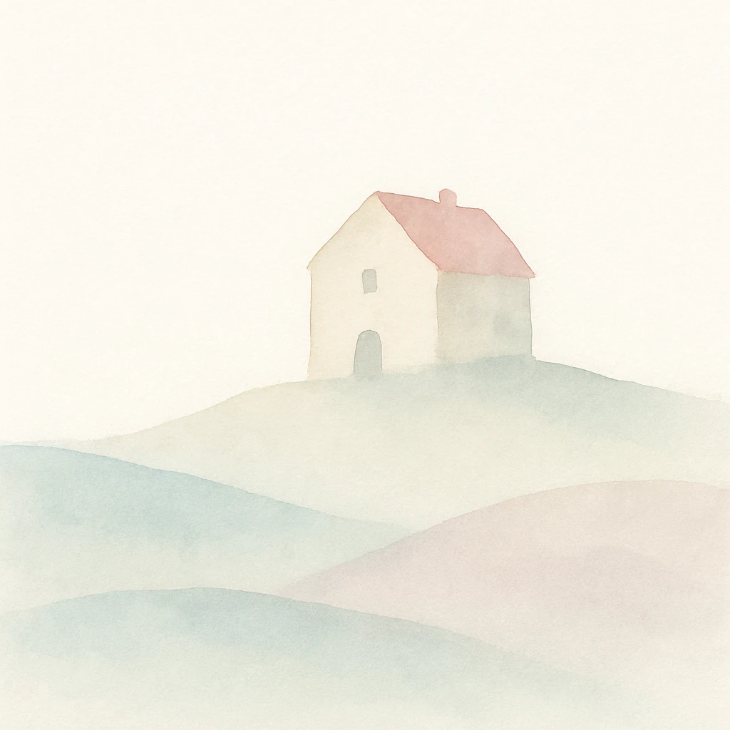 a house on a hill, watercolor style, soft edges, gentle colors, dreamy landscape emoji