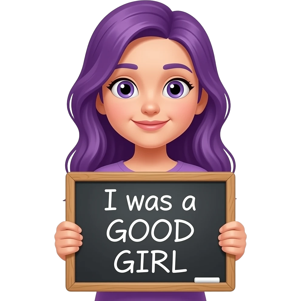 girl with long purple hair holding a I was a GOOD GIRL sign emoji