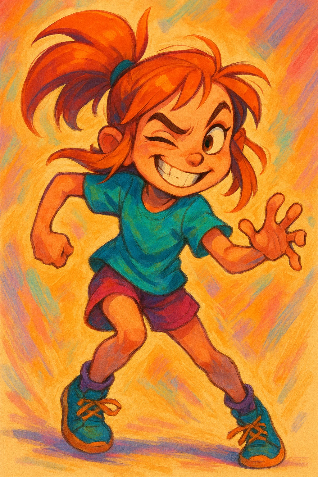 mischievous girl, grinning, one eyebrow raised, dynamic pose, colorful, digital art emoji