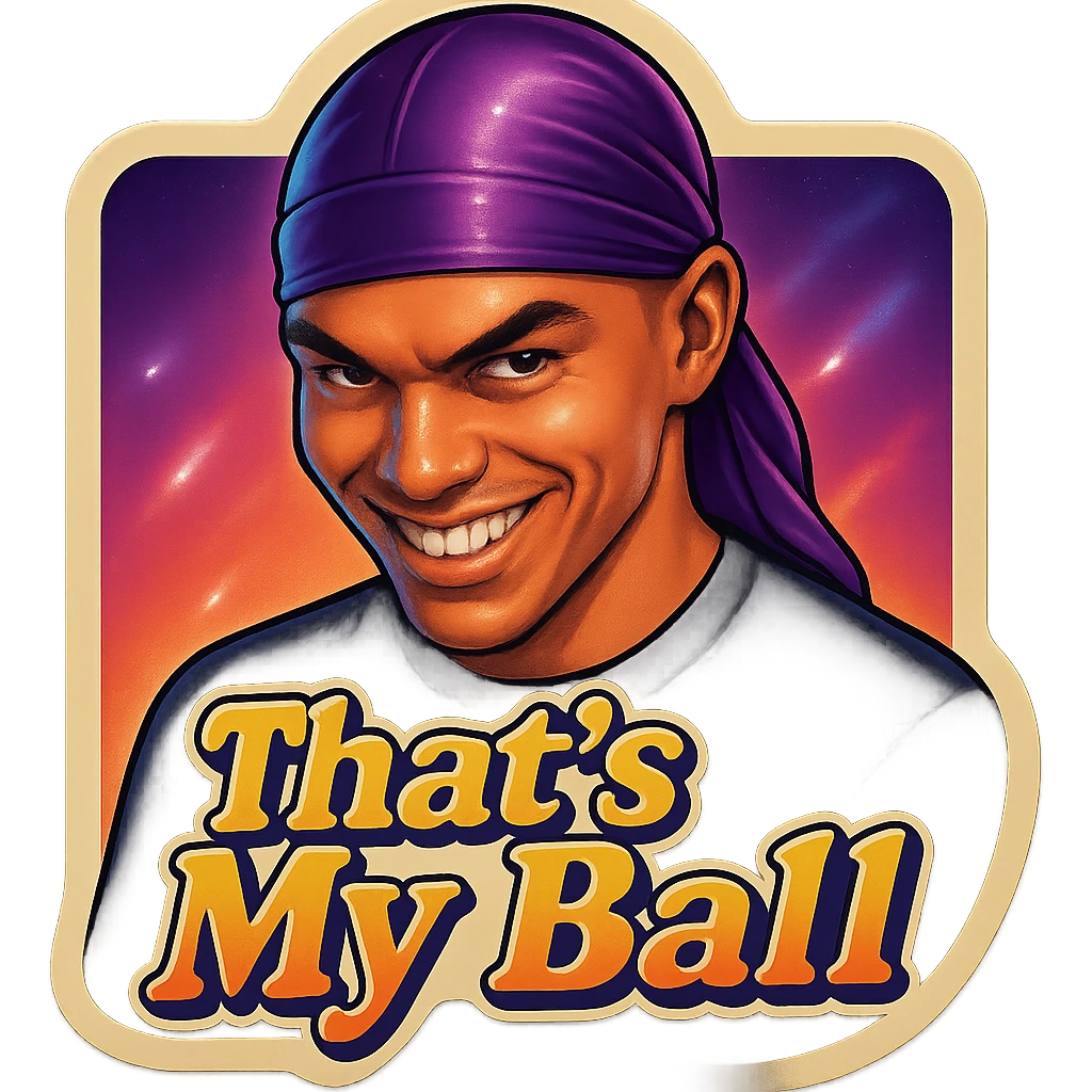 grin EVIL LOOK
make his shirt Black
Change His durag To Purple
Make it say " That's My Ball  " emoji