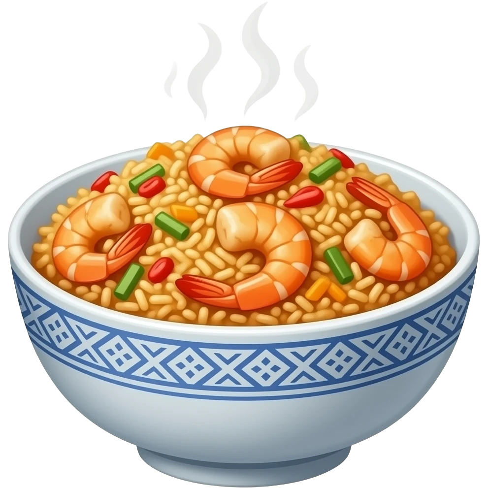 realistic -- fried rice with shrimp and sweet chili sauce in bowl emoji