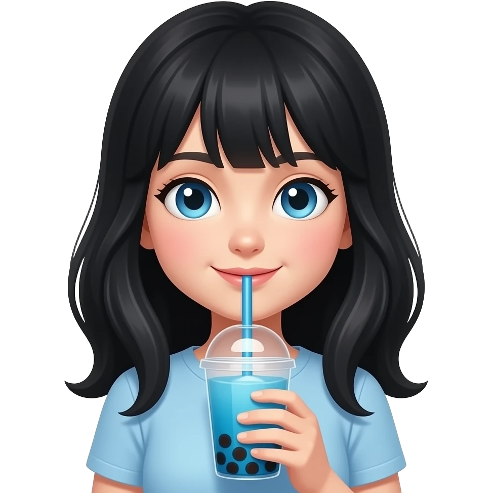 A girl with a black hair and light blue eyes drinking blue buble tea. emoji