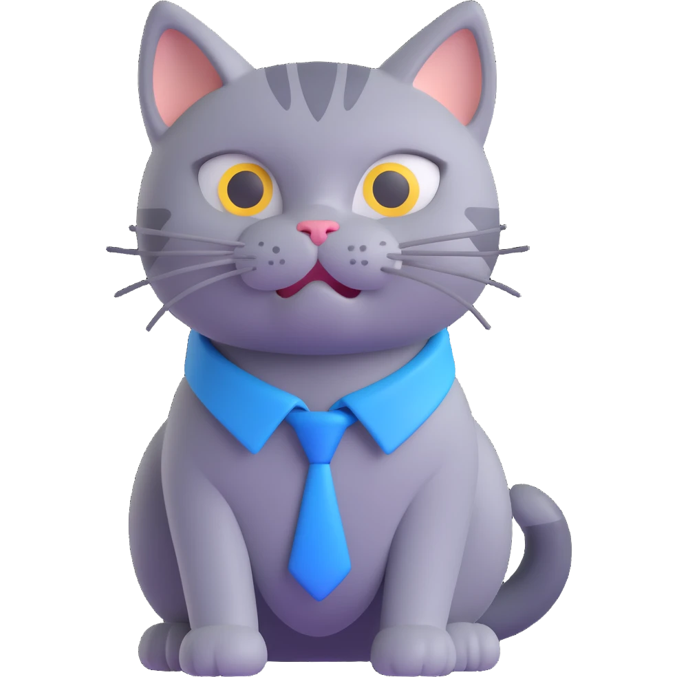 Change the color of the cat's collar to blue, keep the 3D cartoon style and grey/pepper cat character, with no background. emoji