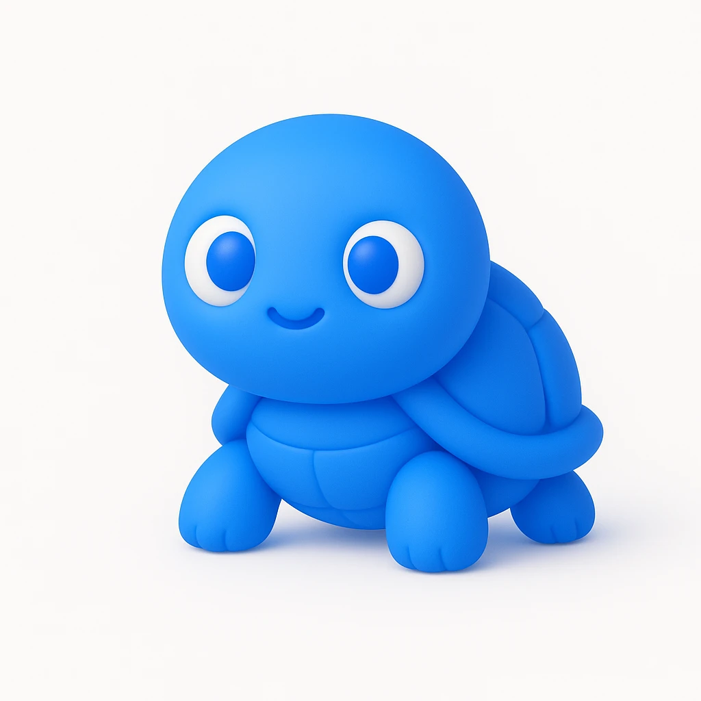 whimsical 3D green turtle with a round face, large expressive eyes and tiny paws emoji