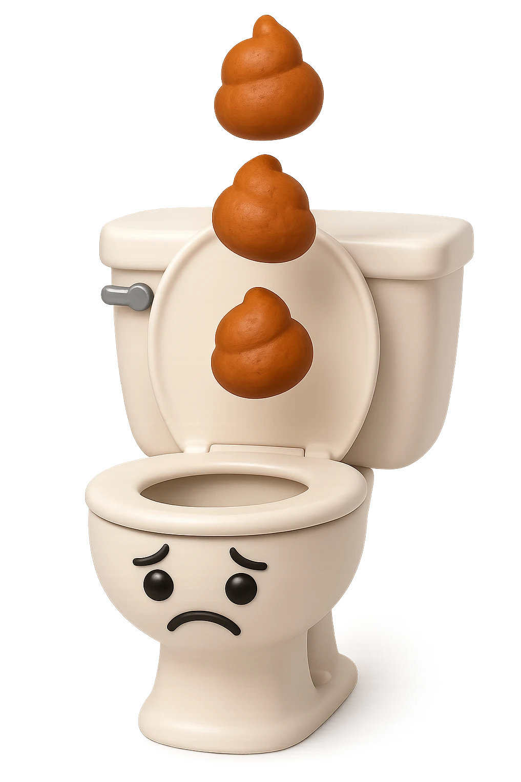 EMOJI STILE IPHONE 3D DI un water con palline di cacca tristi che cadono dall'alto verticalmente, iperrealistico 4k emoji