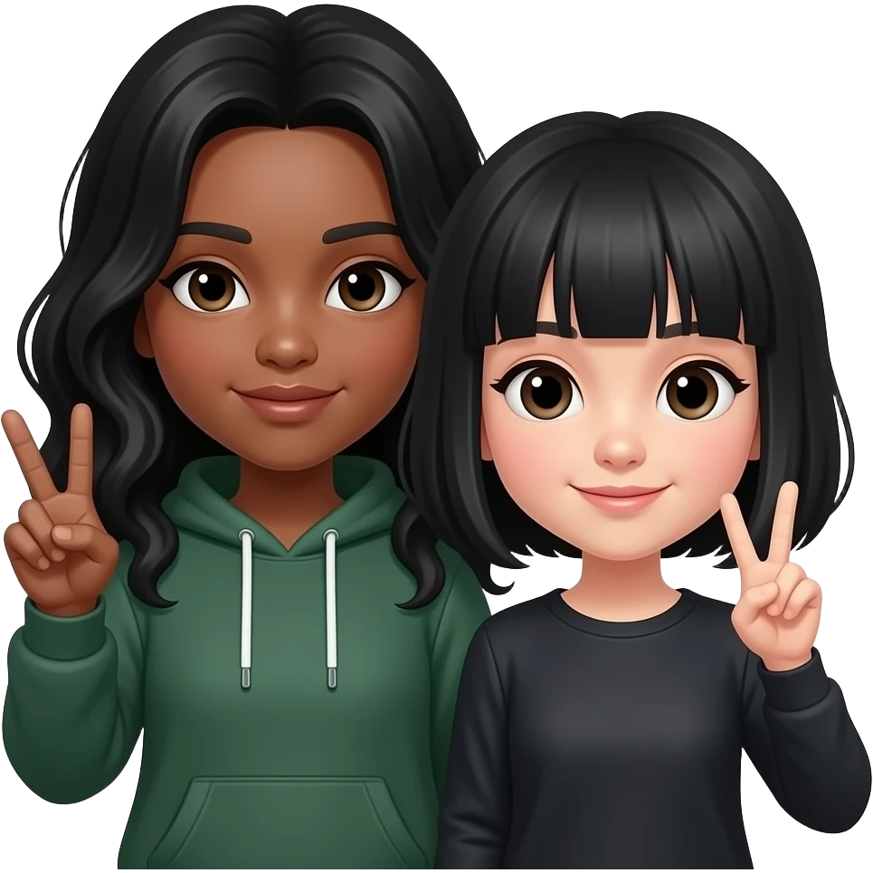 a girl w dark green hoddie, black wavy tall hair w making the ✌🏻 another girl w black short hair n bangs making the ✌🏻 w her n there close to each other emoji