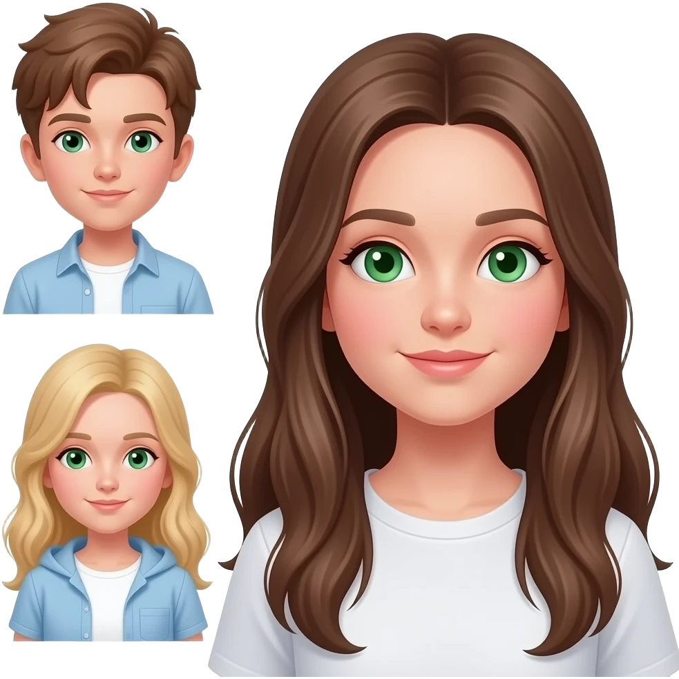der bub ist am kleinsten. das mädchen ist mittelgroß und hat blonde haare. das andere mädchen ist die größte und hat grüne augen und sehr lange braune haare. emoji