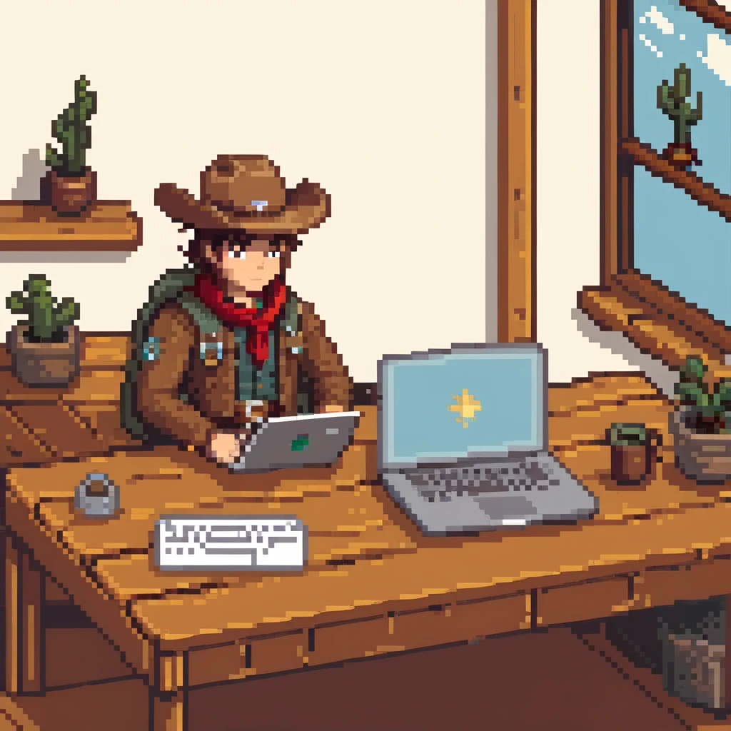 Frontier explorer with cowboy hat using a laptop on a wooden desk emoji
