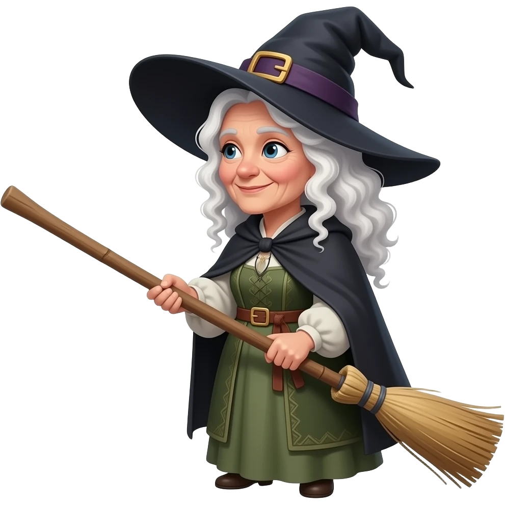Pelo rizado blanco Bruja de 50 años vestuario antiguo muy natural no estreotipada ni elegante de perfil en escoba mujer emoji