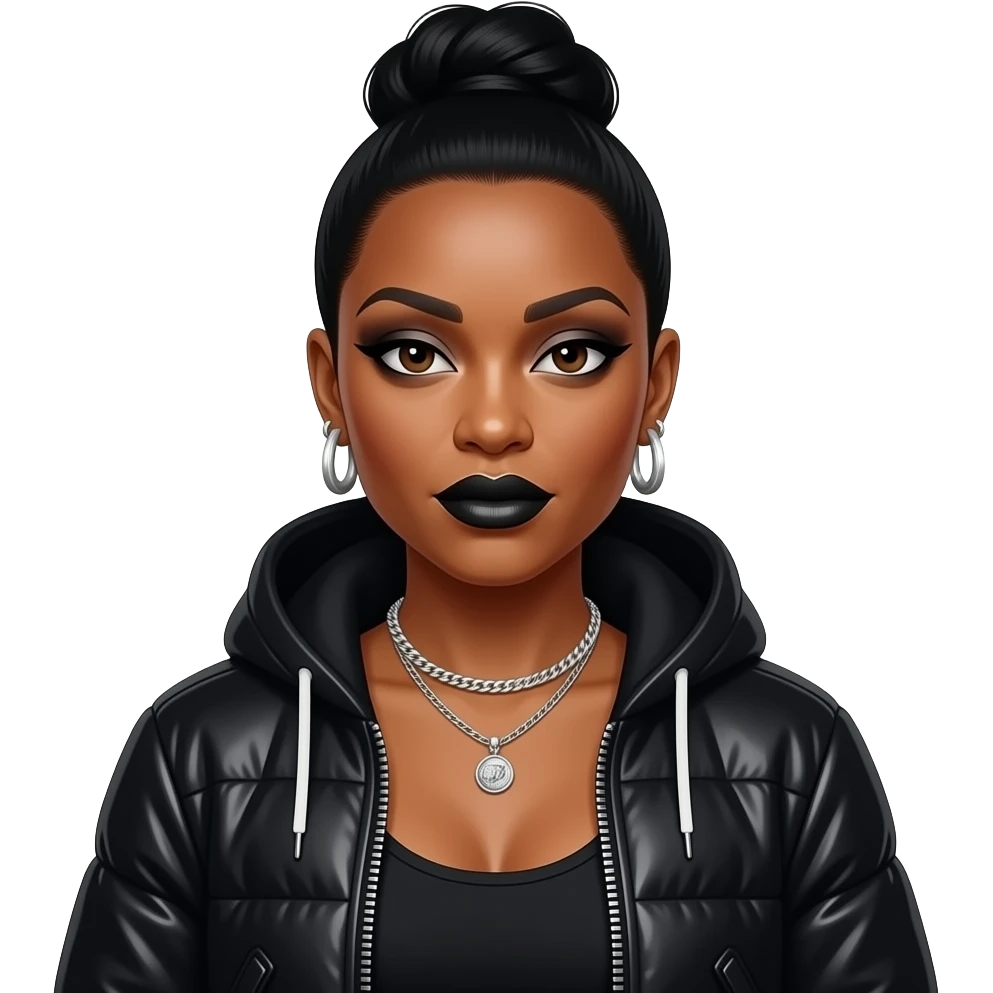 Missy Elliott with dark brown eyes, black updo hair, black eyeshadow and lipstick, black metallic hip-hop outfit, necklace and earrings emoji