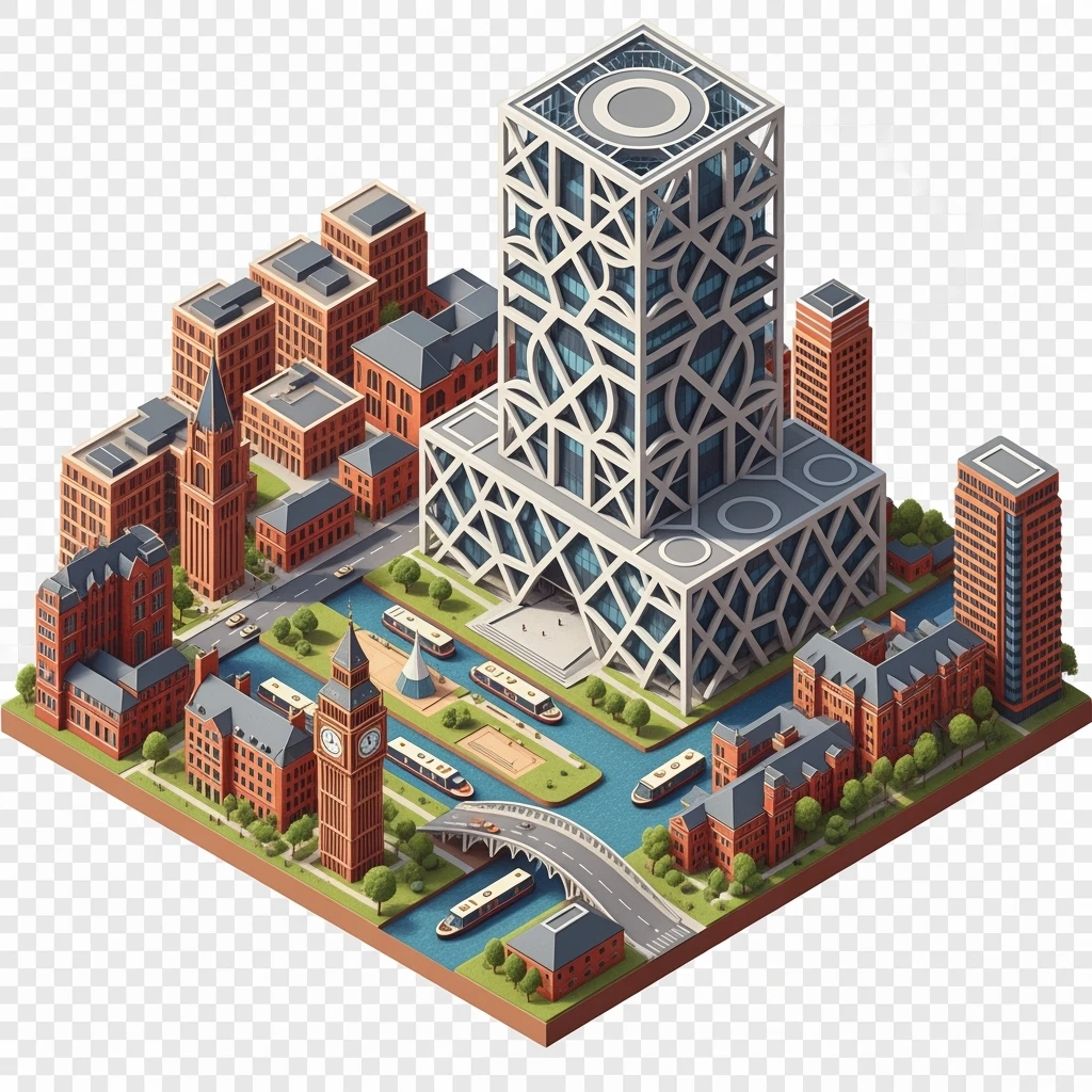 Isometric illustration of Birmingham, featuring the Library of Birmingham with its modern architecture and nearby canals, highly detailed in semi-realistic style, balanced between stylized and realistic, 3D miniature effect, transparent background. emoji