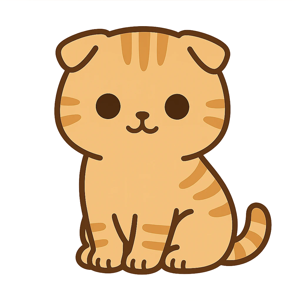 flat toon style kawaiiorange scottish fold kitten sitting, dark round eyes, cute emoji