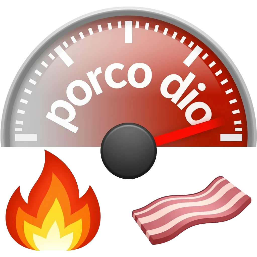 text large font size "porco dio" and a pig outline in the background, on a meter, no values, only white to red display, meter to the max red, explosion, fire, bacon emoji