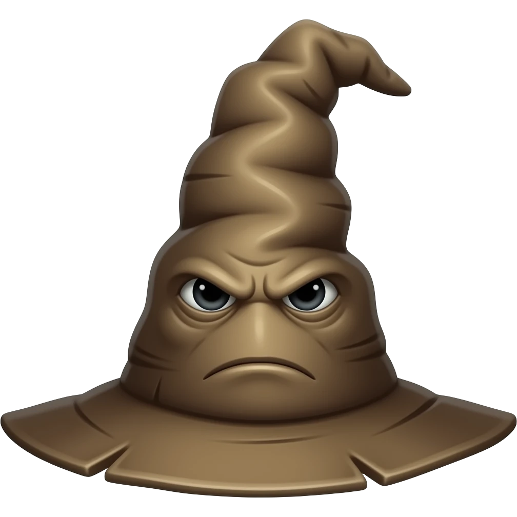old worn wizard hat, pointed, with folds forming a face, wise serious expression, centered, 3D glossy emoji style, clean background emoji