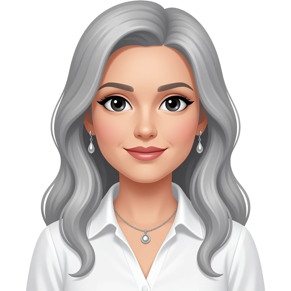 rich lady with black eyes and grey long hair, wearing a white blouse and silver earrings and necklace emoji