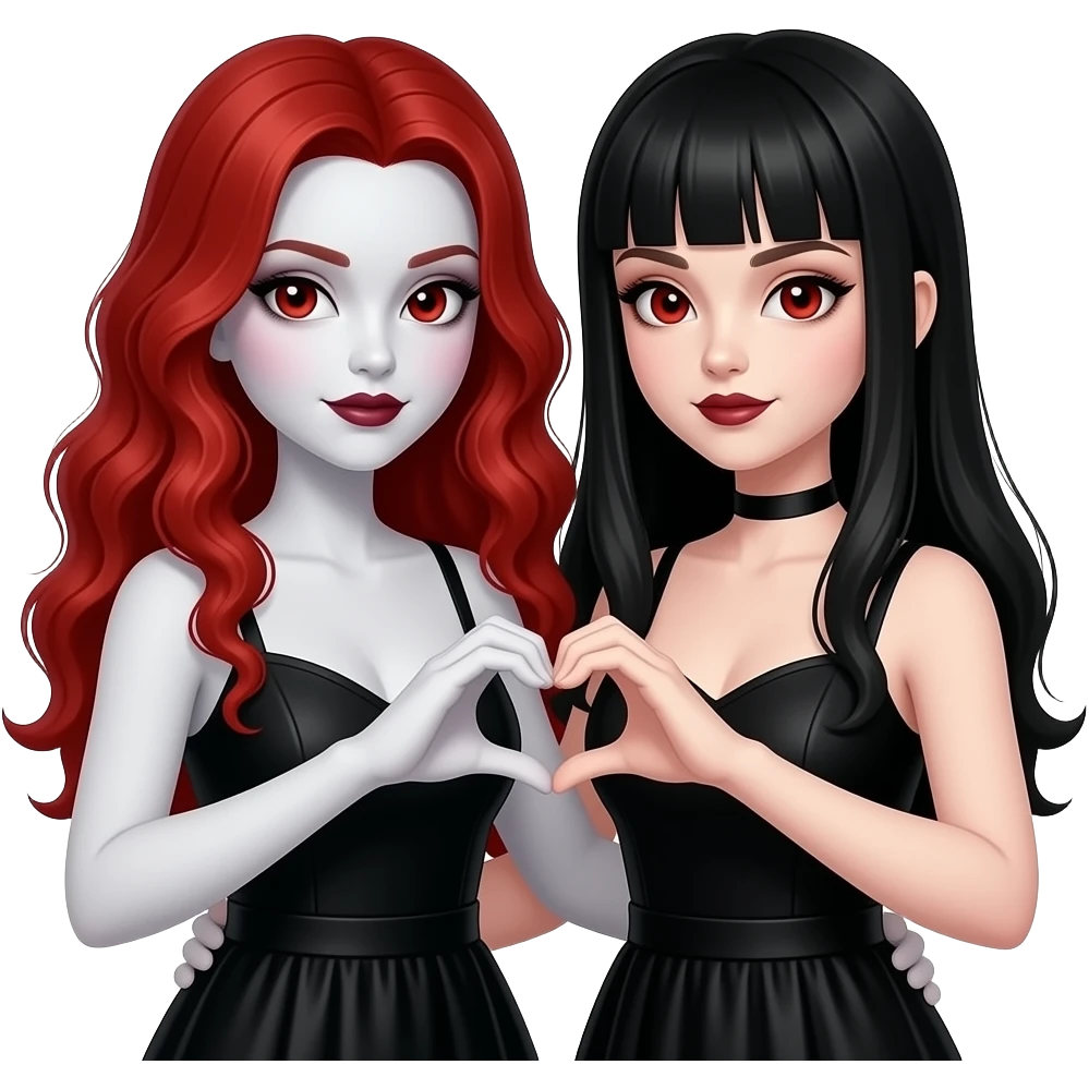 Vampiro femmina adolescente con capelli lunghi rosso fuoco ondulati con pelle bianca che indossa in vestito nero e sta facendo insieme alla sua amica il cuore con una sua mano e una mano della  sua amica vampiro FEMMINA che ha i capelli lunghi neri e la frangia emoji